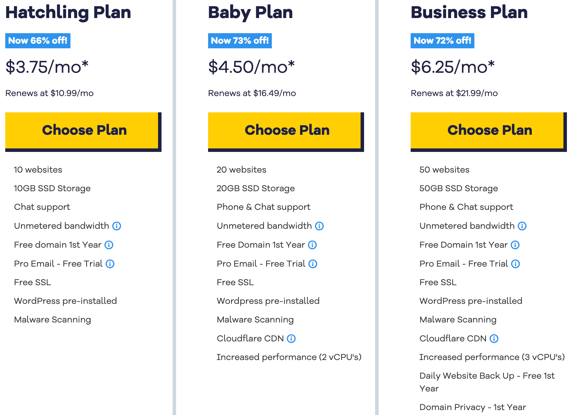 HostGator screenshot of their pricing plans